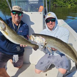 Two people on a boat holding large fish in a sunny outdoor setting.