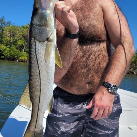Man holding a large fish on a boat under clear blue sky.