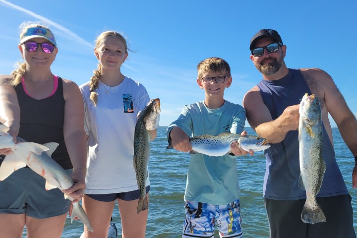 Four people holding fish on a boat under a clear blue sky.